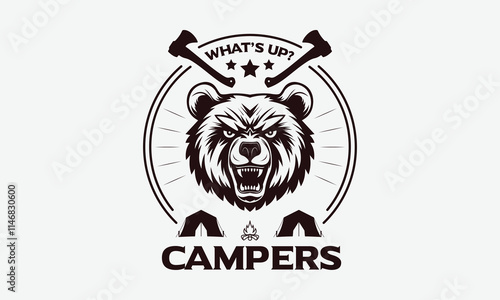 Camping graphic with a roaring bear, Ready To Print Camping Vector T Shirt Design Template, Wall Art, Mug, Sticker, Banner, Tee, Hoodie, Printable, Illustration