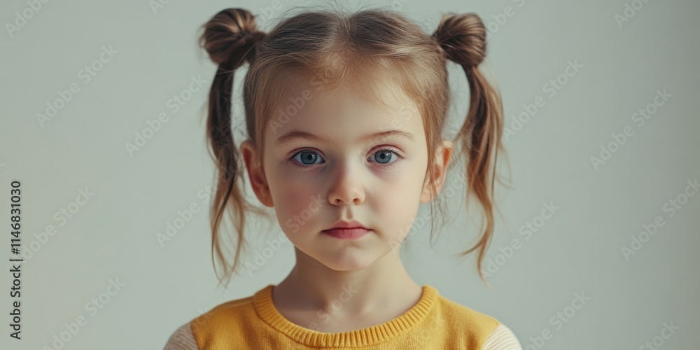 A sweet young girl with playful pigtails looks directly at the camera. Her expression is calm and curious. This portrait captures innocence and childhood joy. Ideal for family themes. AI A sweet young girl with playful pigtails looks directly at the camera. Her expression is calm and curious. This portrait captures innocence and childhood joy. Ideal for family themes. AI