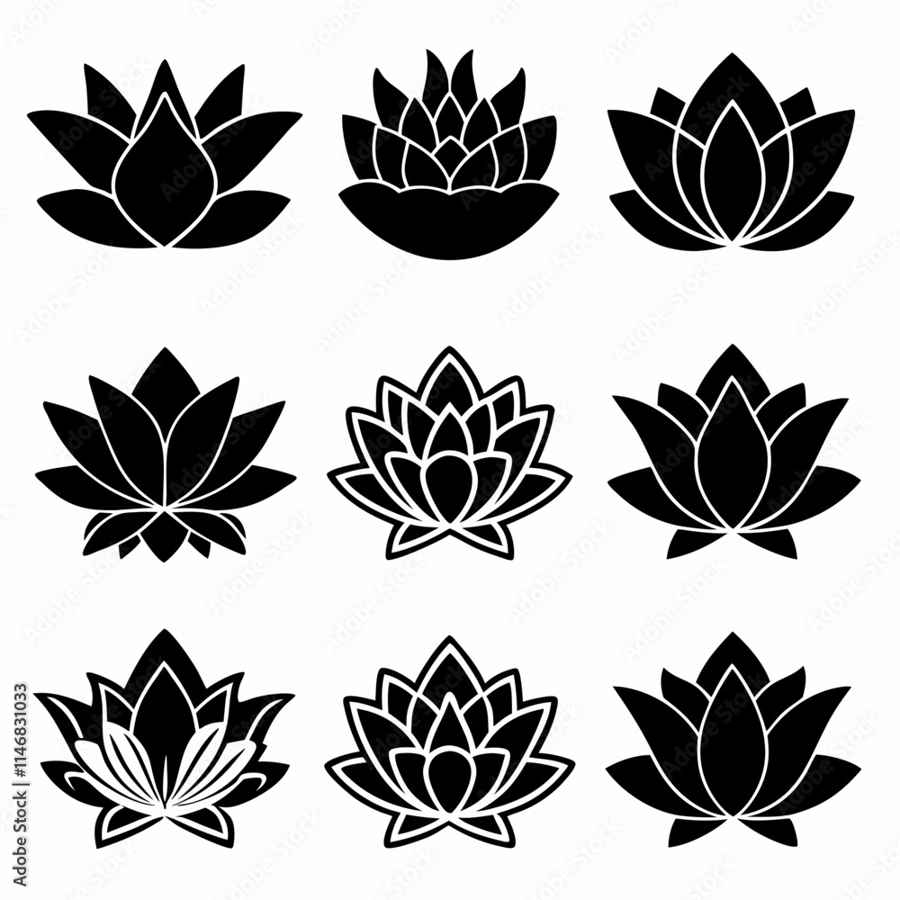 Fototapeta premium Vector black Lotus icons set on white background