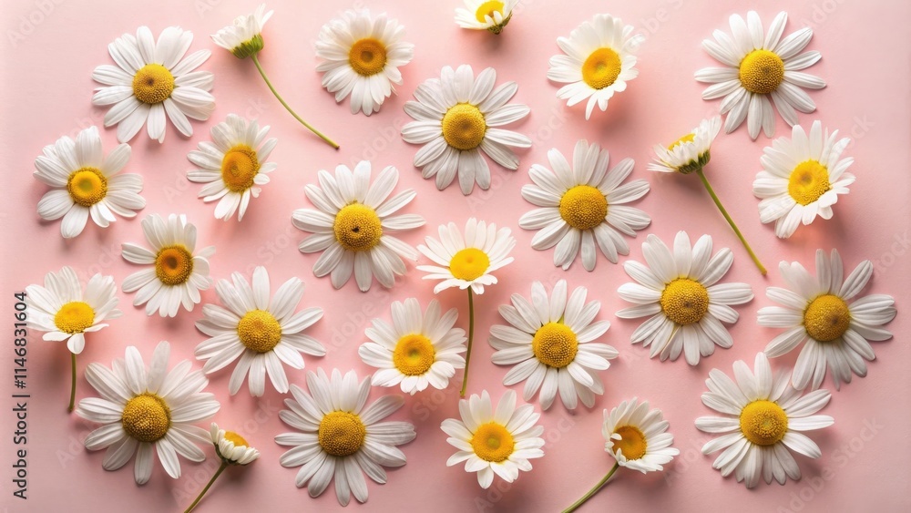 A delicate arrangement of daisies, with their white petals and bright yellow centers, scattered gracefully across a soft pink background, creating a serene and elegant composition. A delicate arrangement of daisies, with their white petals and bright yellow centers, scattered gracefully across a soft pink background, creating a serene and elegant composition.