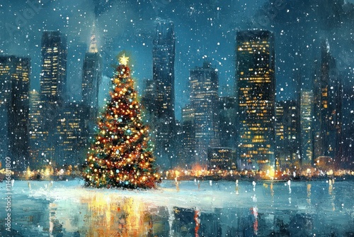 Snowy Cityscape with Sparkling Christmas Tree and Festive Lights in the Heart of a Vibrant Urban Landscape During the Holiday Season