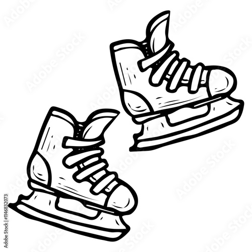 Hockey skates hand drawn doodle illustration. Sports equipment. Boots, shoes. Protective footwear with metal blade for high-speed skating on ice. Game, match. Vector line art.