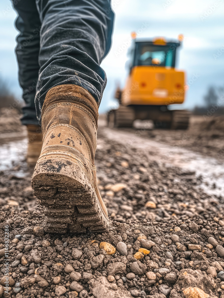 Steps of a Worker Onto Loose Gravel Before Heavy Machinery at a Construction Site During Overcast Weather