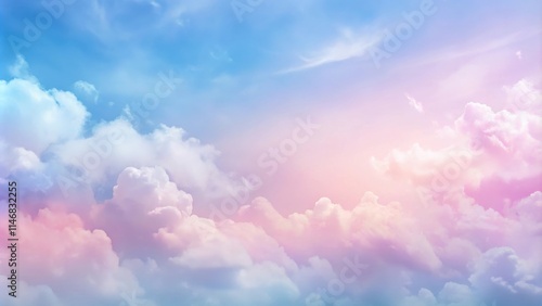 Pastel Sky with Fluffy White Clouds, Illuminated by the Soft Glow of the Setting Sun