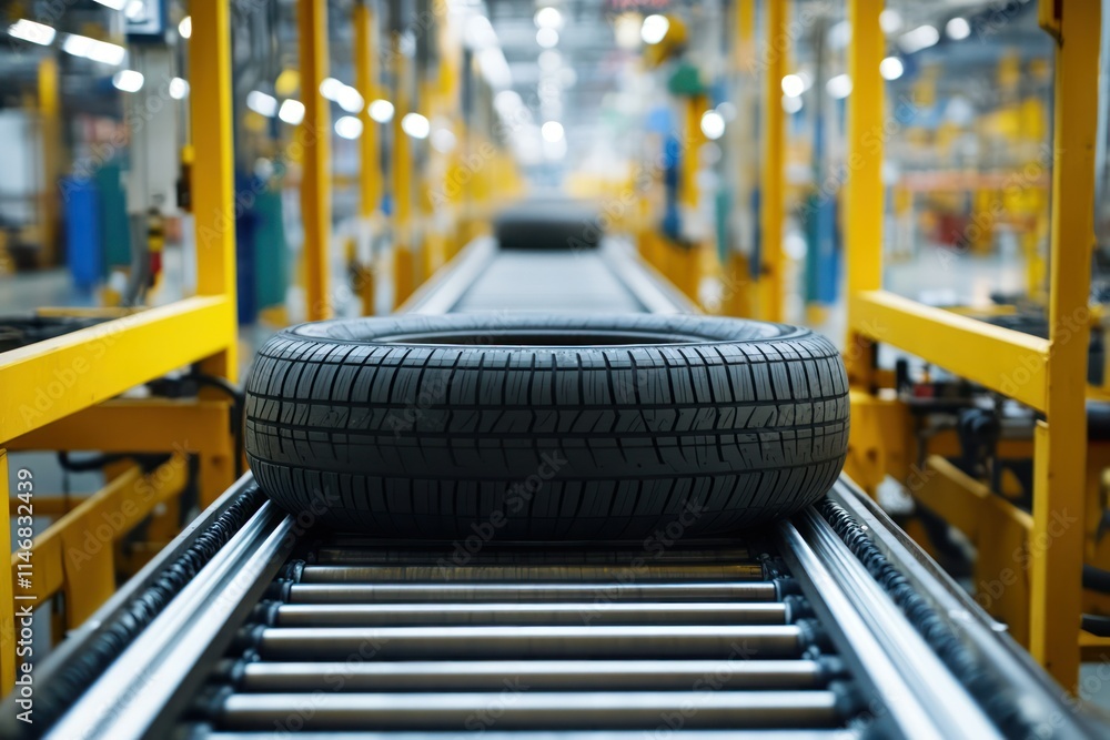 Close-Up View of a Single Tire on a Conveyor Belt in a Modern Manufacturing Facility, Highlighting the Production Process of Automotive Components and Efficiency Close-Up View of a Single Tire on a Conveyor Belt in a Modern Manufacturing Facility, Highlighting the Production Process of Automotive Components and Efficiency