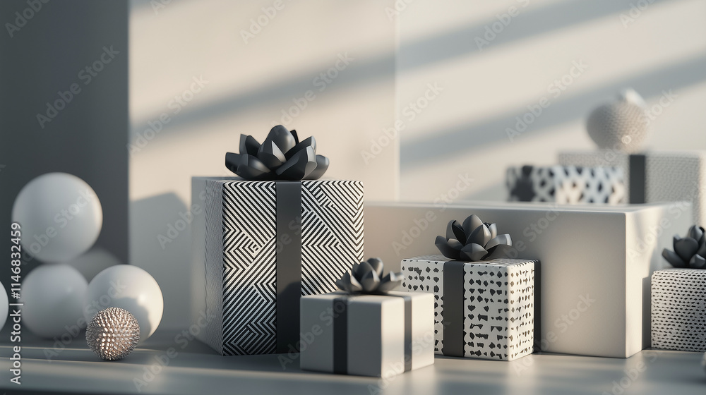 3D-rendered Christmas gifts with minimalist monochrome wrapping and geometric shapes, placed artfully on a modern surface with soft lighting, complemented by minimal holiday decor