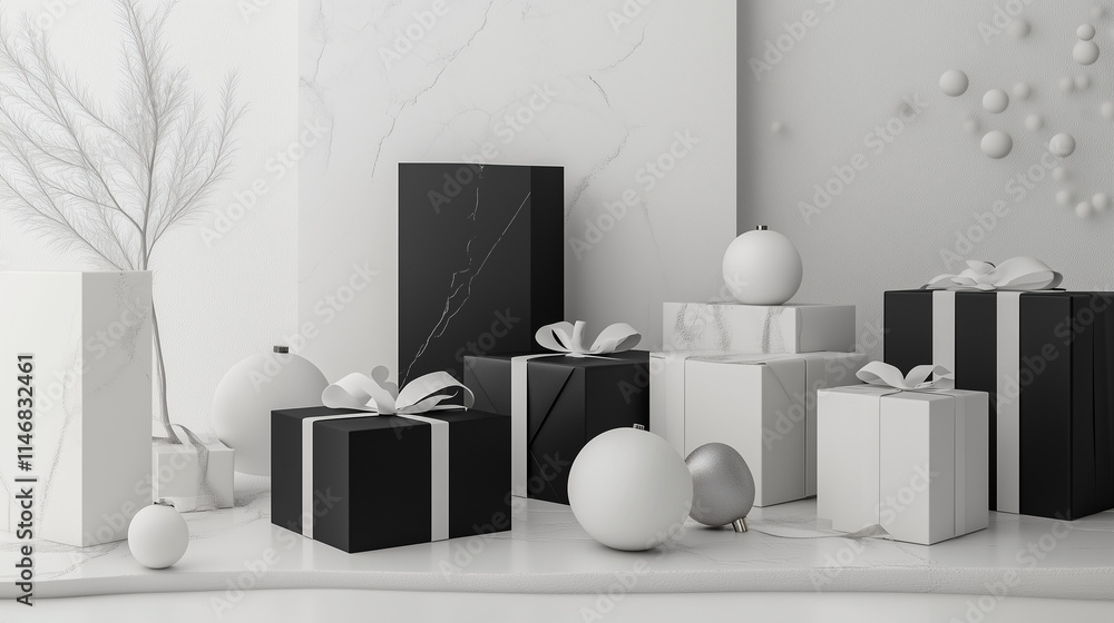 A minimalist Christmas display featuring 3D-rendered gifts wrapped in monochrome colors, set against a clean, modern background with sparse decorations