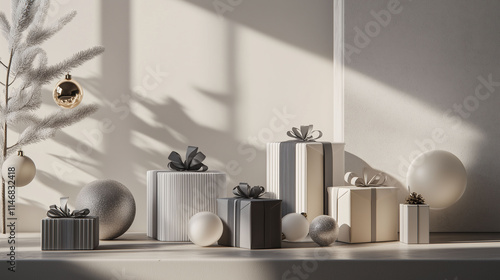 3D-rendered Christmas gifts with minimalist monochrome wrapping and geometric shapes, placed artfully on a modern surface with soft lighting, complemented by minimal holiday decor