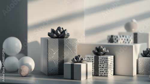 Obraz na płótnie 3D-rendered Christmas gifts with minimalist monochrome wrapping and geometric shapes, placed artfully on a modern surface with soft lighting, complemented by minimal holiday decor w salonie