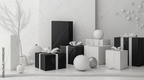 Obraz na płótnie A minimalist Christmas display featuring 3D-rendered gifts wrapped in monochrome colors, set against a clean, modern background with sparse decorations w salonie