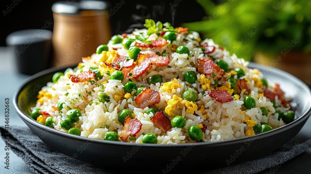 Delicious bacon and pea fried rice in a dark bowl. Delicious bacon and pea fried rice in a dark bowl.