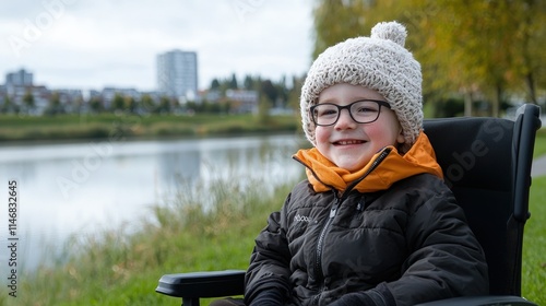 Happy child in wheelchair by lake. photo