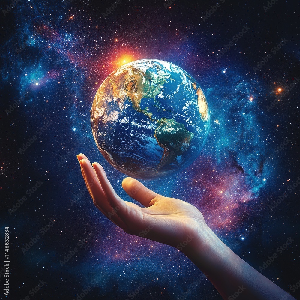 Hand holding earth in space cosmic scene digital art galaxy inspirational concept Hand holding earth in space cosmic scene digital art galaxy inspirational concept