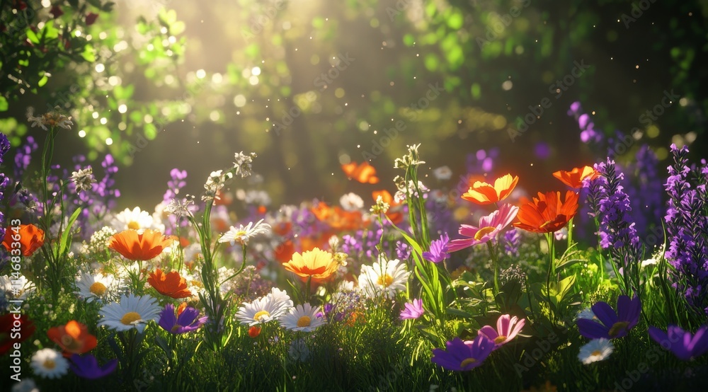 Colorful spring flowers blooming in a sunlit garden with butterflies fluttering amidst vibrant petals and Colorful spring flowers blooming in a sunlit garden with butterflies fluttering amidst vibrant petals and