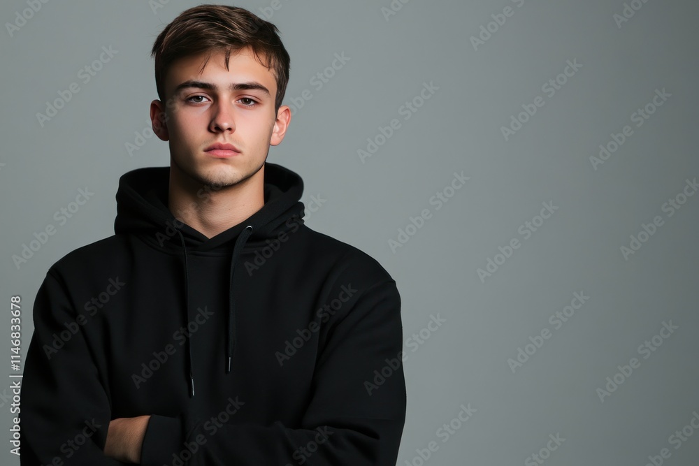 Fototapeta premium Young Male Model with Serious Expression Wearing Black Hoodie Against Simple Gray Background for Fashion or Casual Wear Concepts and Portrait Photography
