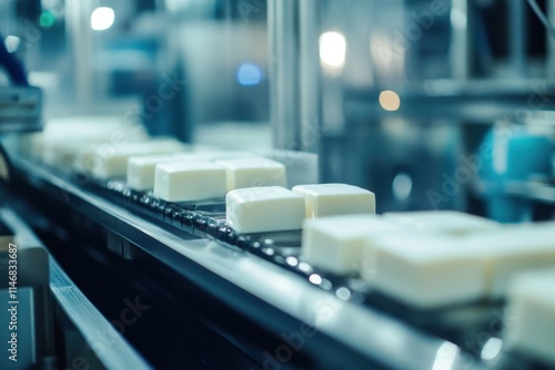 Automated Soap Manufacturing Process on Conveyor Belt in Modern Factory Featuring Bright Lighting and Industrial Machinery Background