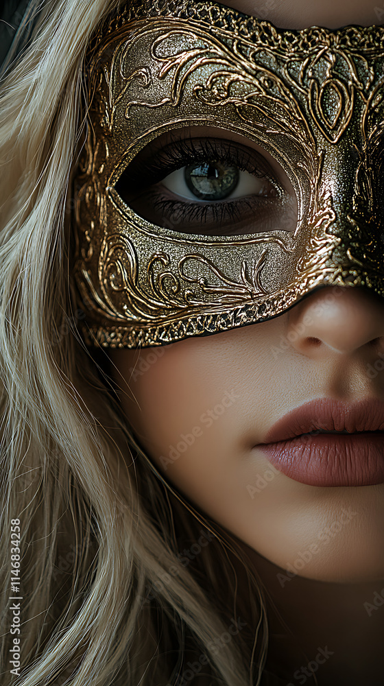 a blonde-haired woman, with a Venetian carnival mask, mysterious+ beautiful a blonde-haired woman, with a Venetian carnival mask, mysterious+ beautiful
