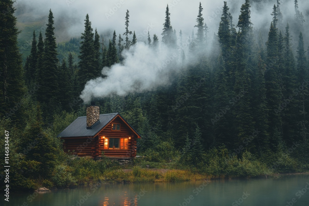 Obraz premium A cozy cabin surrounded by dense forest with smoke curling from the chimney at twilight