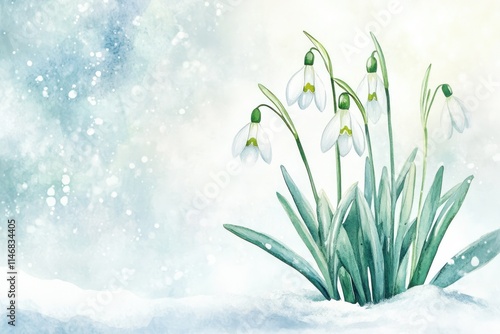 Delicate Snowdrop Flowers Emerging from Snowy Ground in a Soft Pastel Background Representing the Transition from Winter to Spring in Nature's Beauty