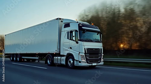A modern European truck with standard trailer is driving on the road