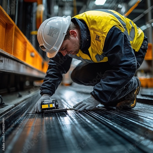 Wallpaper Mural Construction worker conducting rail maintenance industrial workshop photography indoor environment close-up view safety operations Torontodigital.ca