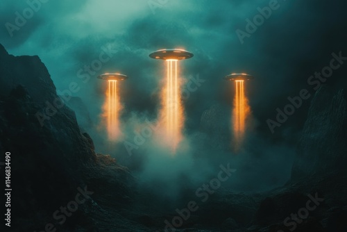 Mysterious UFOs Emerge from the Clouds Over a Dark, Foggy Landscape, Illuminating the Night Sky with Bright Beams of Light and Creating a Sense of Intrigue and Wonder