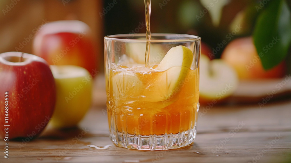 Refreshing apple beverage being poured into a glass with fresh apples nearby. Refreshing apple beverage being poured into a glass with fresh apples nearby.