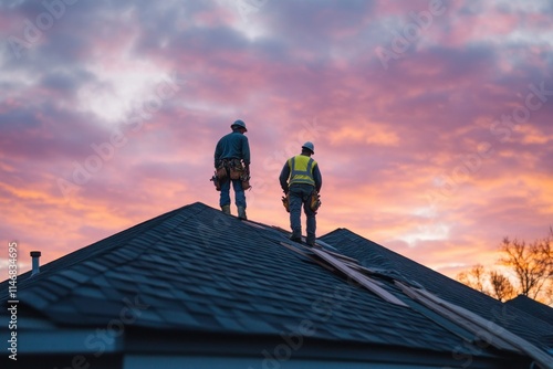 Skilled Roofers Working at Sunset Under a Dramatic Skyline with Colorful Clouds, Showcasing the Craftsmanship and Teamwork in Construction Industry