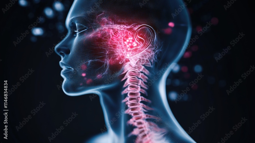 A close-up of the head and neck area, highlighting a red hot spot with white dots on an X-ray style background. A close-up of the head and neck area, highlighting a red hot spot with white dots on an X-ray style background.