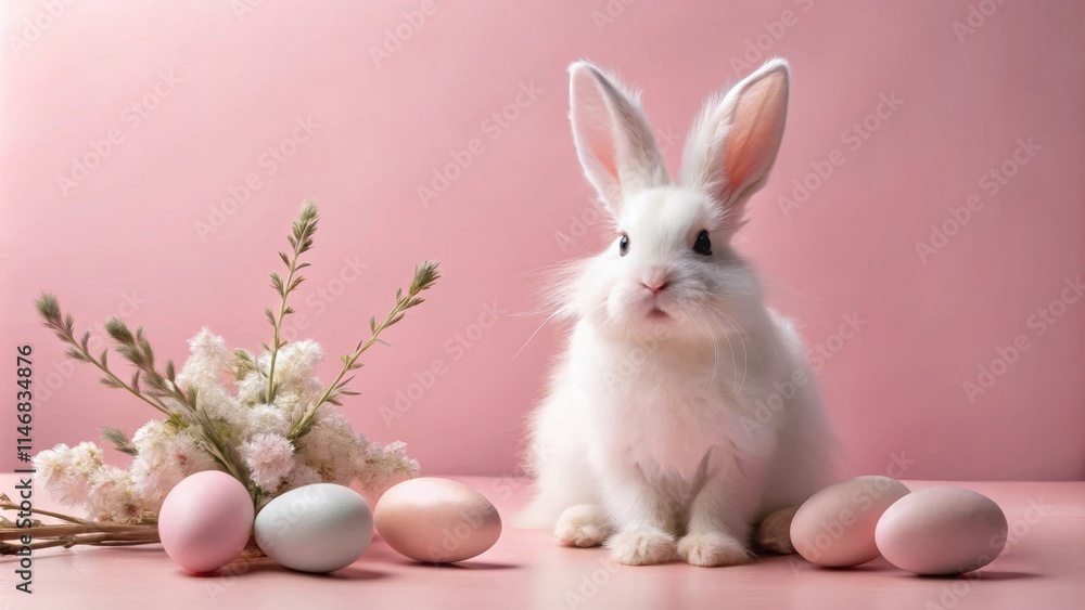 A fluffy white bunny sits among pastel-colored eggs and delicate dried flowers against a soft pink background. A fluffy white bunny sits among pastel-colored eggs and delicate dried flowers against a soft pink background.