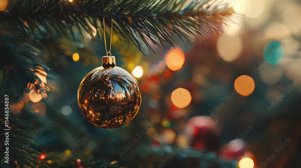 Close-Up of a Shiny Gold Ornament on a Christmas Tree Close-Up of a Shiny Gold Ornament on a Christmas Tree
