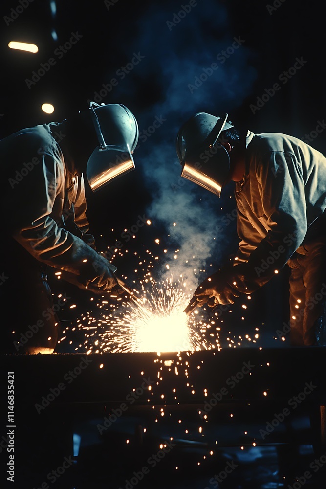 Two workers welding steel in an industrial setting, sparks flying around them. Two workers welding steel in an industrial setting, sparks flying around them.