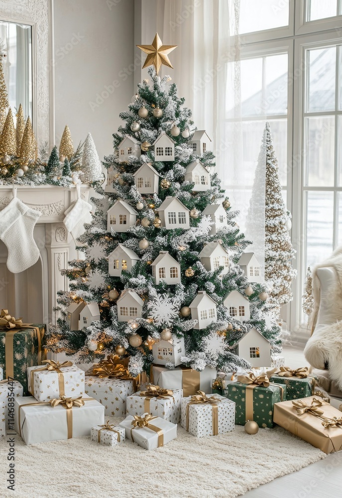 Fototapeta premium Elegant Christmas tree adorned with miniature houses and gifts in a cozy living room during the holiday season