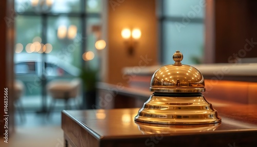 Elegant hotel reception bell on wooden counter, symbolizing hospitality and service. photo