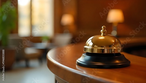 Elegant hotel reception bell on wooden counter, symbolizing hospitality and service. photo