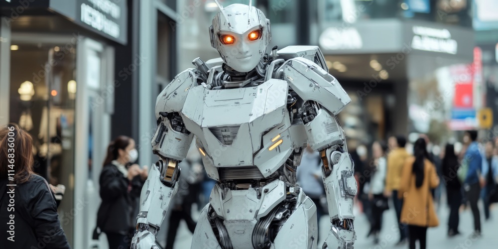 A futuristic robot stands confidently in a bustling city. This stunning image captures the essence of technology in urban life. The design is sleek and modern. AI A futuristic robot stands confidently in a bustling city. This stunning image captures the essence of technology in urban life. The design is sleek and modern. AI