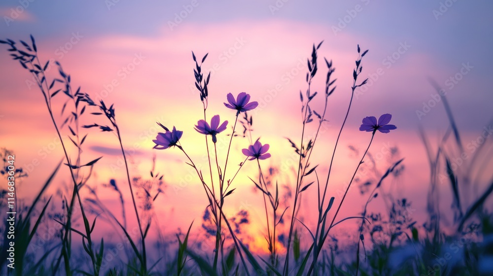 Obraz premium Silhouetted wildflowers at sunset, vibrant pink and orange sky.