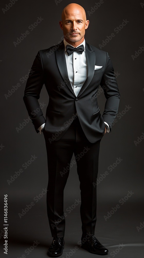 Stylish man in formal attire standing confidently in a well-lit studio with dark background during a photo shoot Stylish man in formal attire standing confidently in a well-lit studio with dark background during a photo shoot