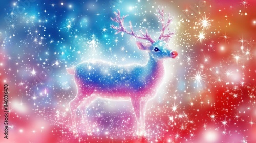 Mystical vibrant reindeer surrounded by sparkling stars and an enchanting colorful aurora, creating a magical and festive atmosphere for winter celebrations