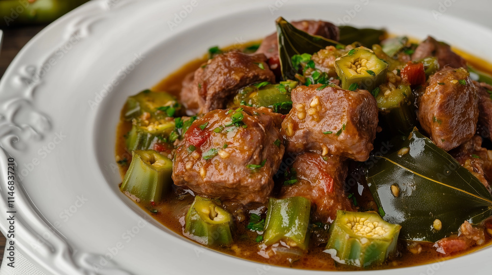 Fototapeta premium Goat curry with okra and bay leaves