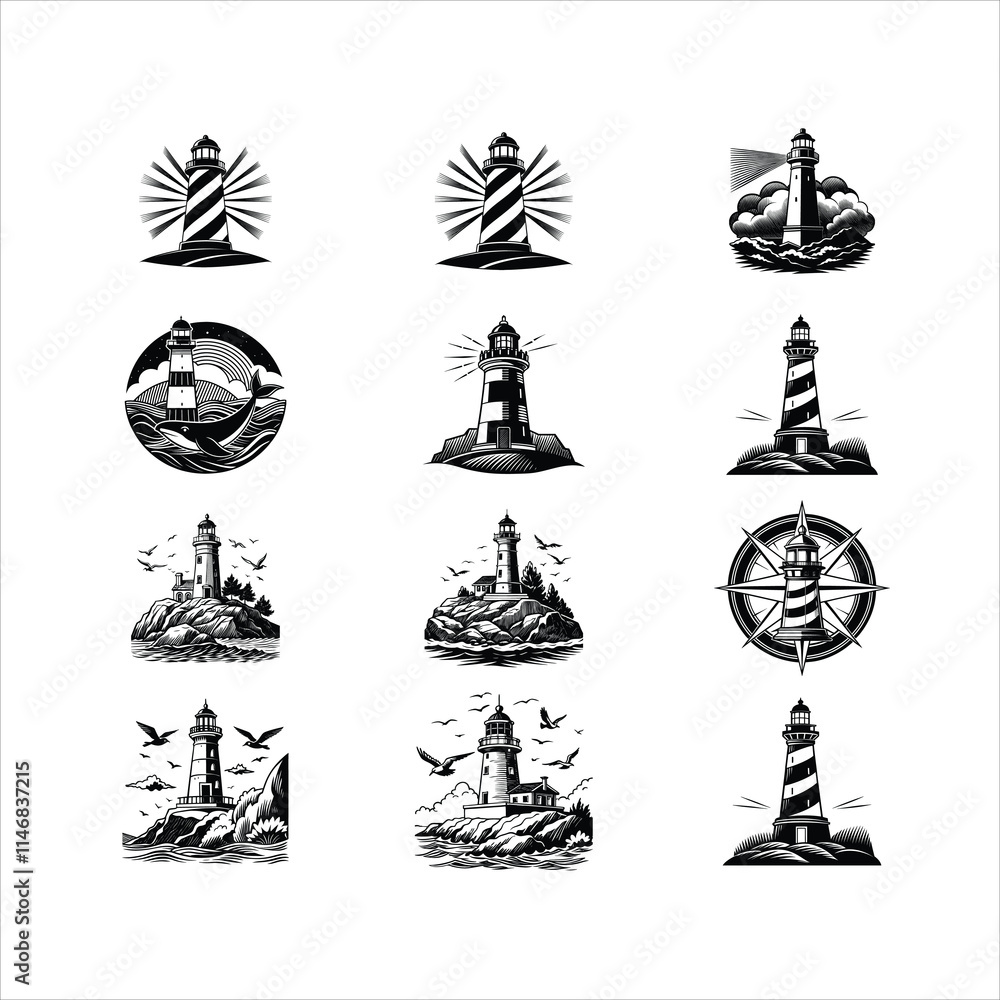 Naklejka premium Lighthouse Bundle vector illustration in black and white