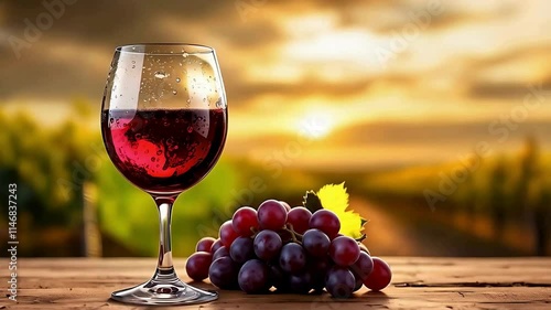Wallpaper Mural A Red Wine Glass filled with velvety purple grape juice. Resting on a rustic oak table adorned with a cluster of fresh grapes, the background showcases rows of a vineyard drenched in golden hour sunli Torontodigital.ca