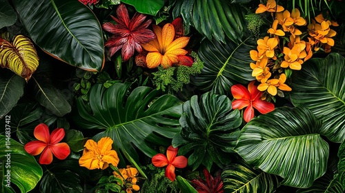 Exotic tropical flowers in a lush botanical garden setting, overhead shot, Tropical style