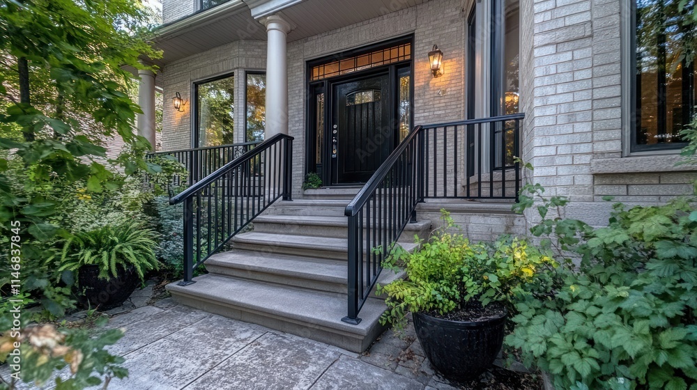 Modern home entrance with stone steps, black railings, and lush landscaping. Modern home entrance with stone steps, black railings, and lush landscaping.