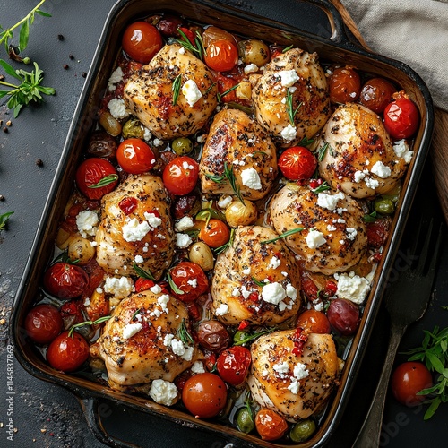 Savory baked chicken thighs with tomatoes and herbs kitchen recipe indoor overhead view culinary delight