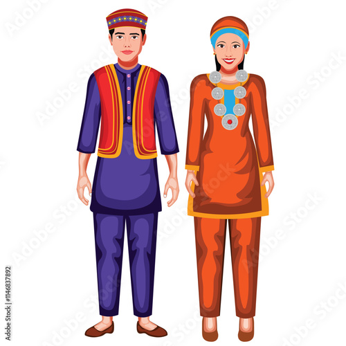 A kashmiri Couple Standing Together Cartoon Character Vector Illustration