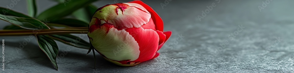 Realistic blooming peony bud, isolated on gray backdrop, close-up, detailed focus, copy space. Realistic blooming peony bud, isolated on gray backdrop, close-up, detailed focus, copy space.