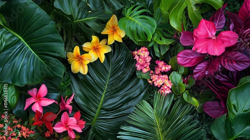 Fototapeta Naklejka Na Ścianę i Meble -  Exotic tropical flowers in a lush garden setting, overhead shot, Tropical style