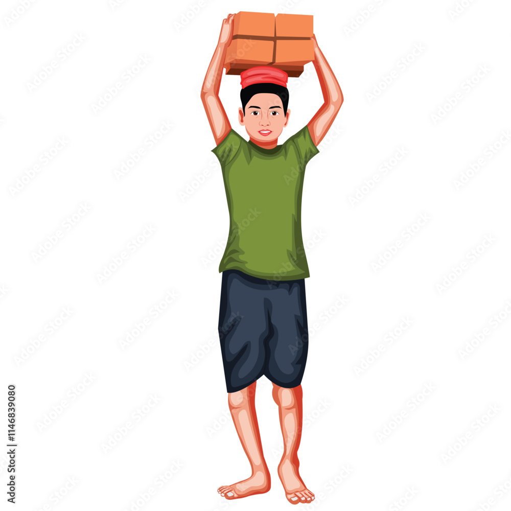 Indian Boy Holding Bricks On His Head. Child Labour Vector Illustration