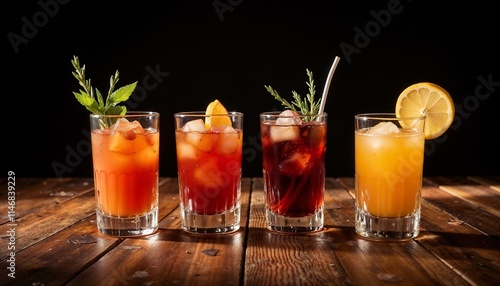 Bright cocktails with ice and garnishes, on wooden table with black background, copy space